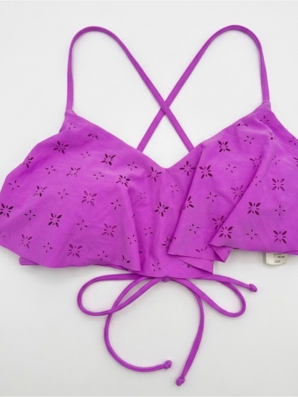 Y2K Arizona Jean Company Purple Laser-Cut Ruffle Halter Criss Cross Swim Top L